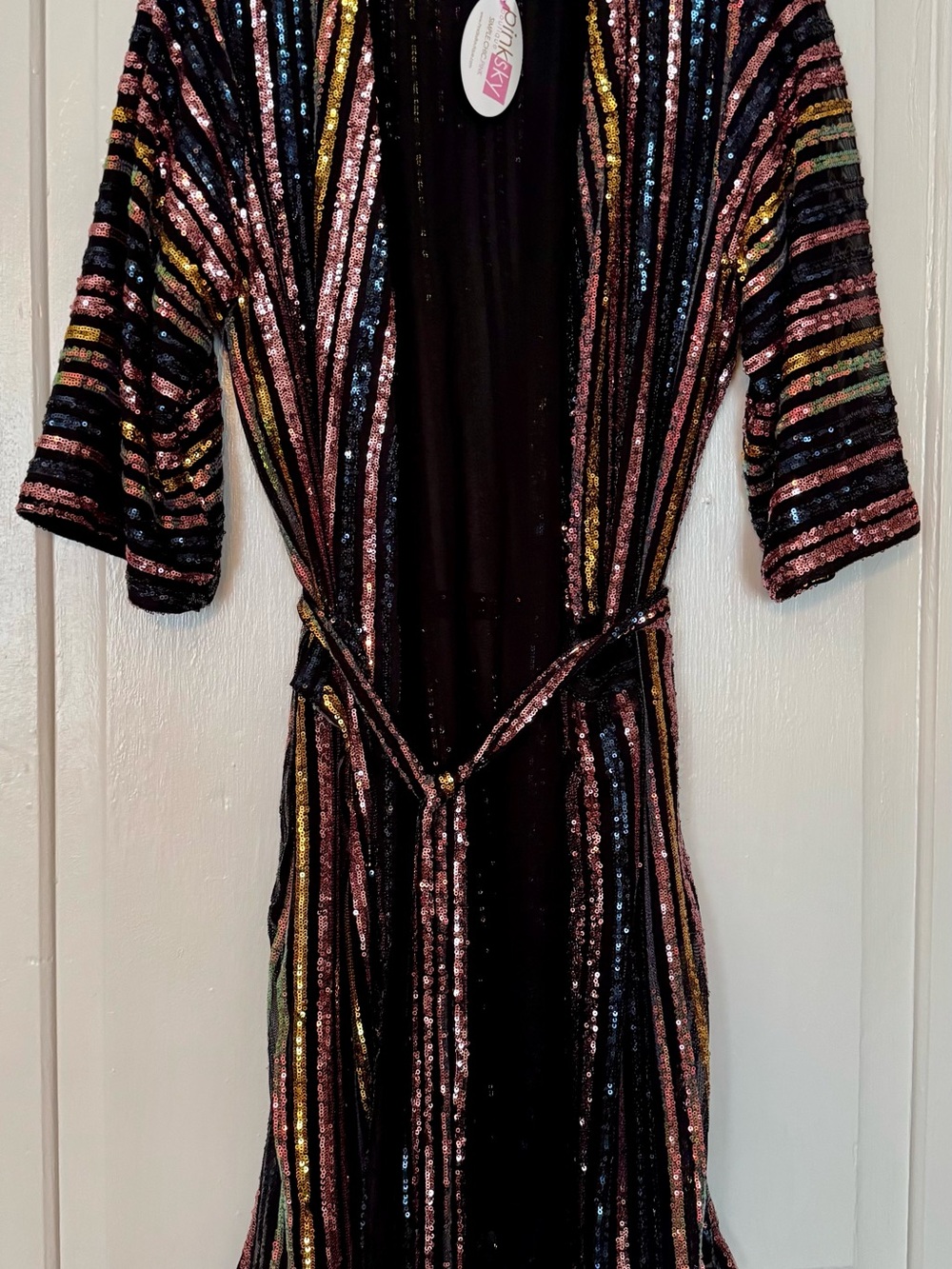Skies Are Blue Black Sequin Stripe Duster with Multicolor Metallic Stripes